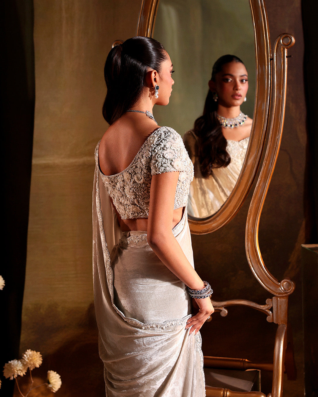 Model Wearing Faiza Saqlain Zahavah Soft Oyster Saree for wedding wear - Pakistani Designer Wear for Women in UK | Kifat