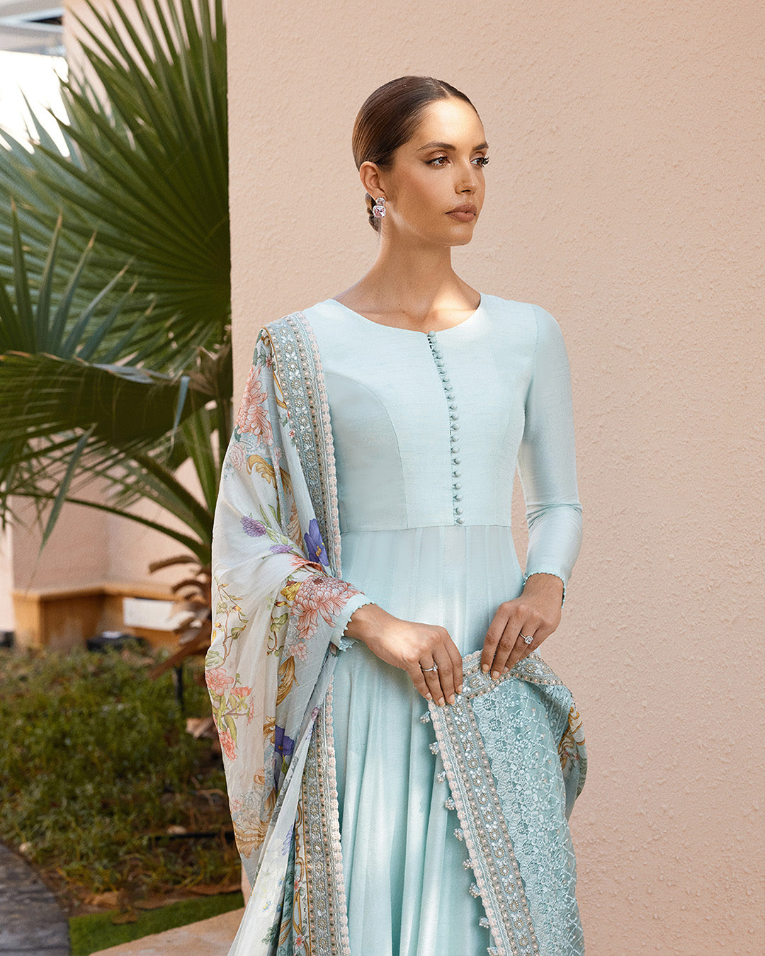 Model Wearing Faiza Saqlain Latissa Ice Blue Pishwas with Churidar for Ladies wear - Pakistani Designer Wear for Women in UK | Kifat