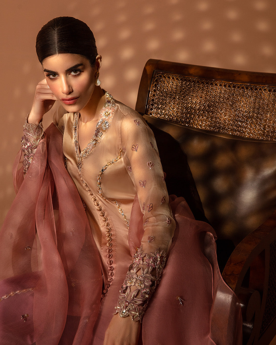Model Wearing Faiza Saqlain Eshe Ombre Shirt with Culottes for formal events wear - Pakistani Designer Wear for Women in UK | Kifat