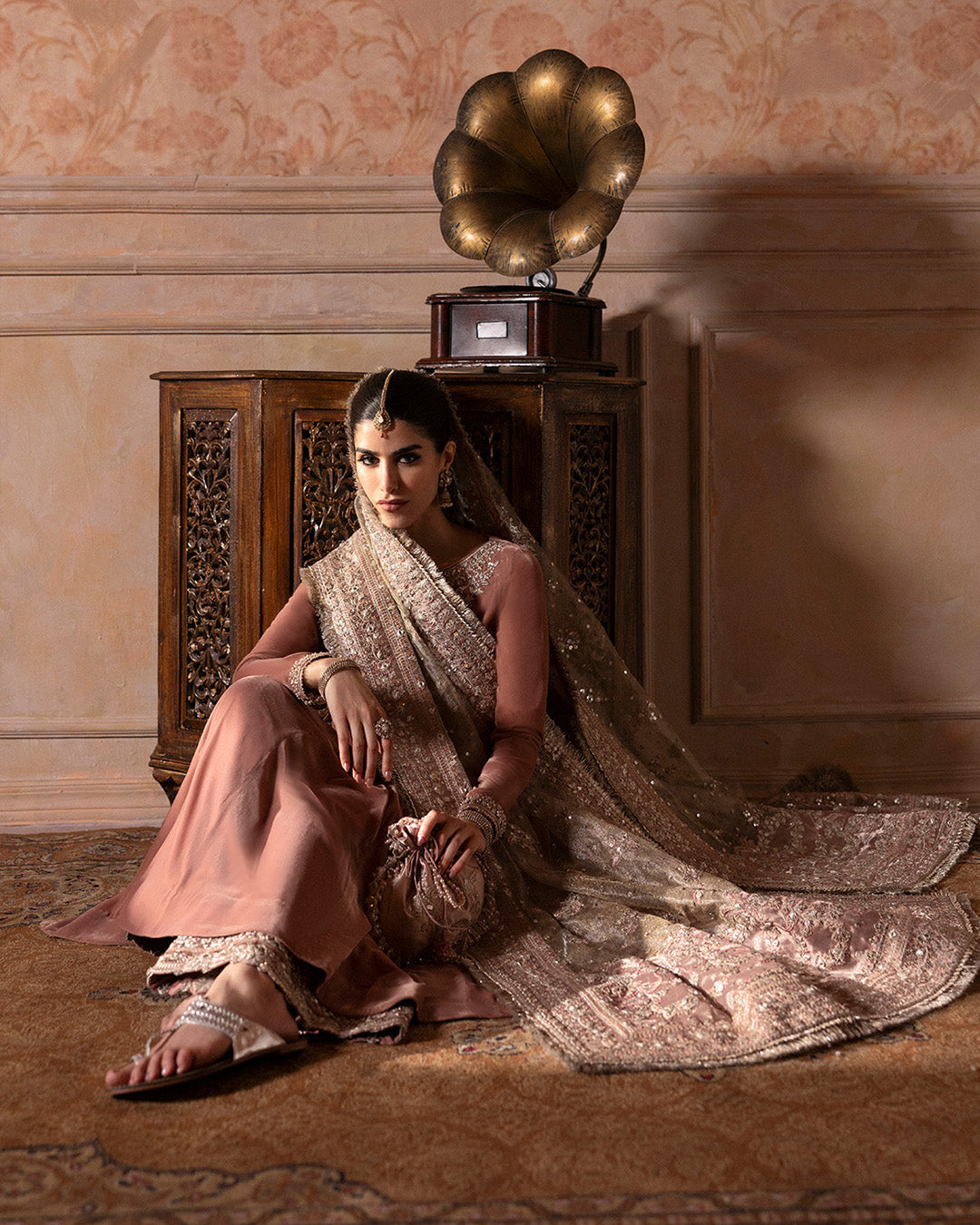 Model Wearing Faiza Saqlain Averna Tea Pink Kalidaar with Culottes for wedding wear - Pakistani Designer Wear for Women in UK | Kifat