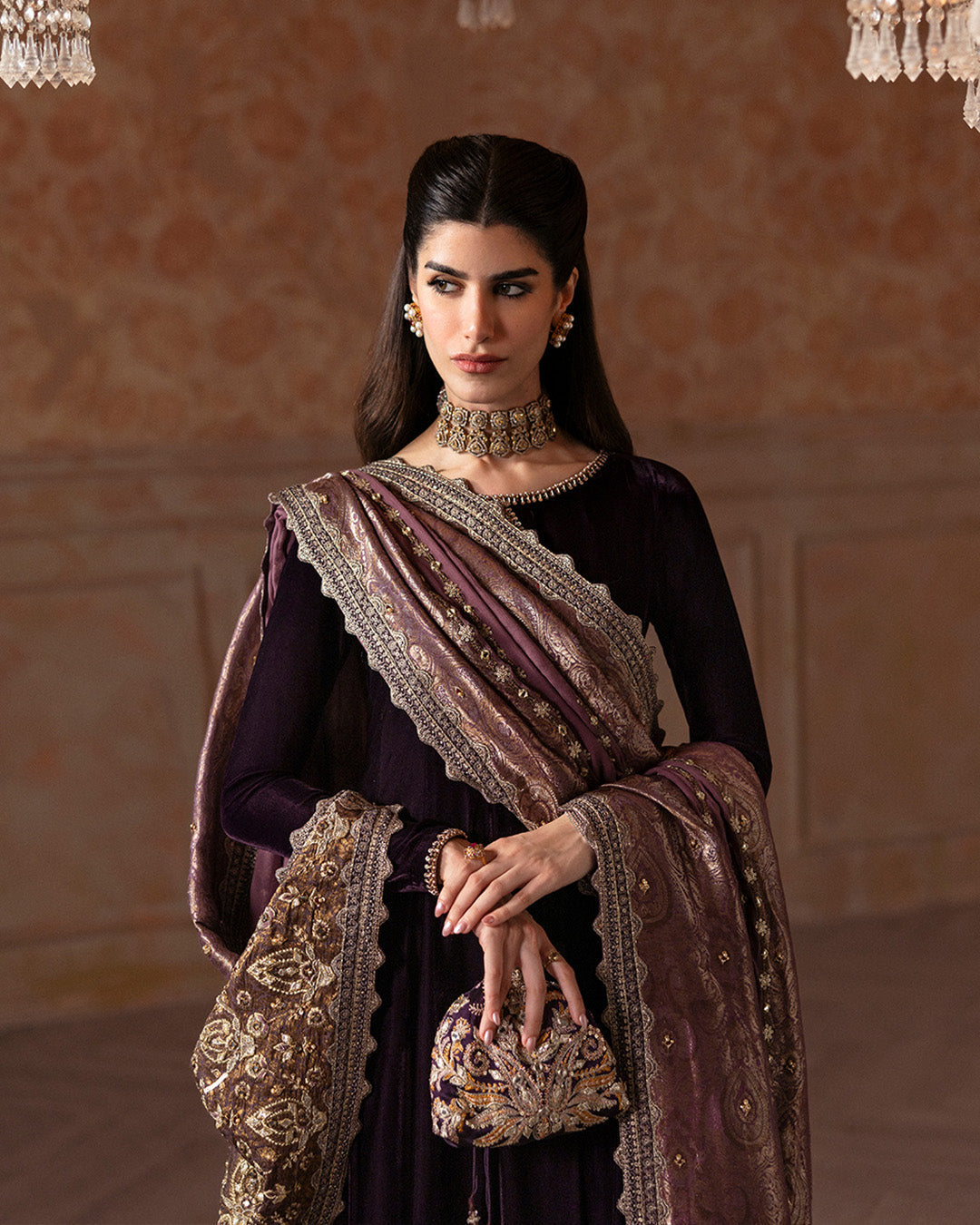 Model Wearing Faiza Saqlain Erna Aubergine Shirt with Culottes for formal events wear - Pakistani Designer Wear for Women in UK | Kifat