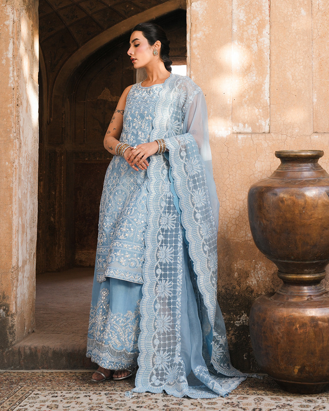 Model Wearing Faiza Saqlain Yulia Ice Blue Shirt with Culottes for formal events wear - Pakistani Designer Wear for Women in UK | Kifat