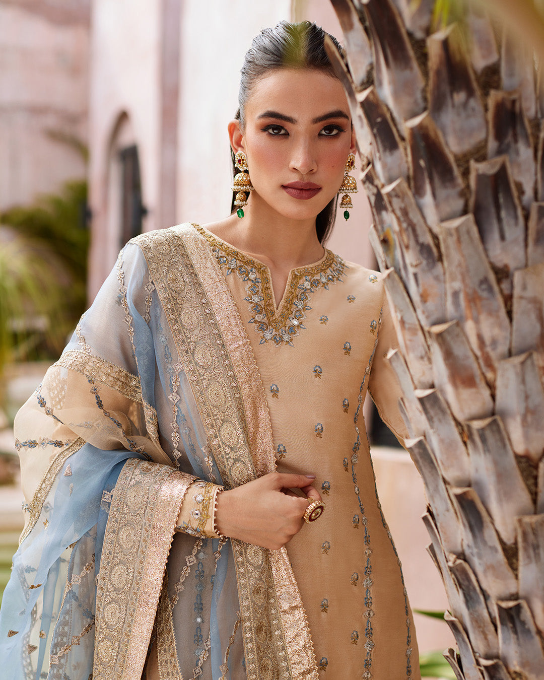 Model Wearing Faiza Saqlain Yelena Fawn Shirt with Culottes for wedding wear - Pakistani Designer Wear for Women in UK | Kifat