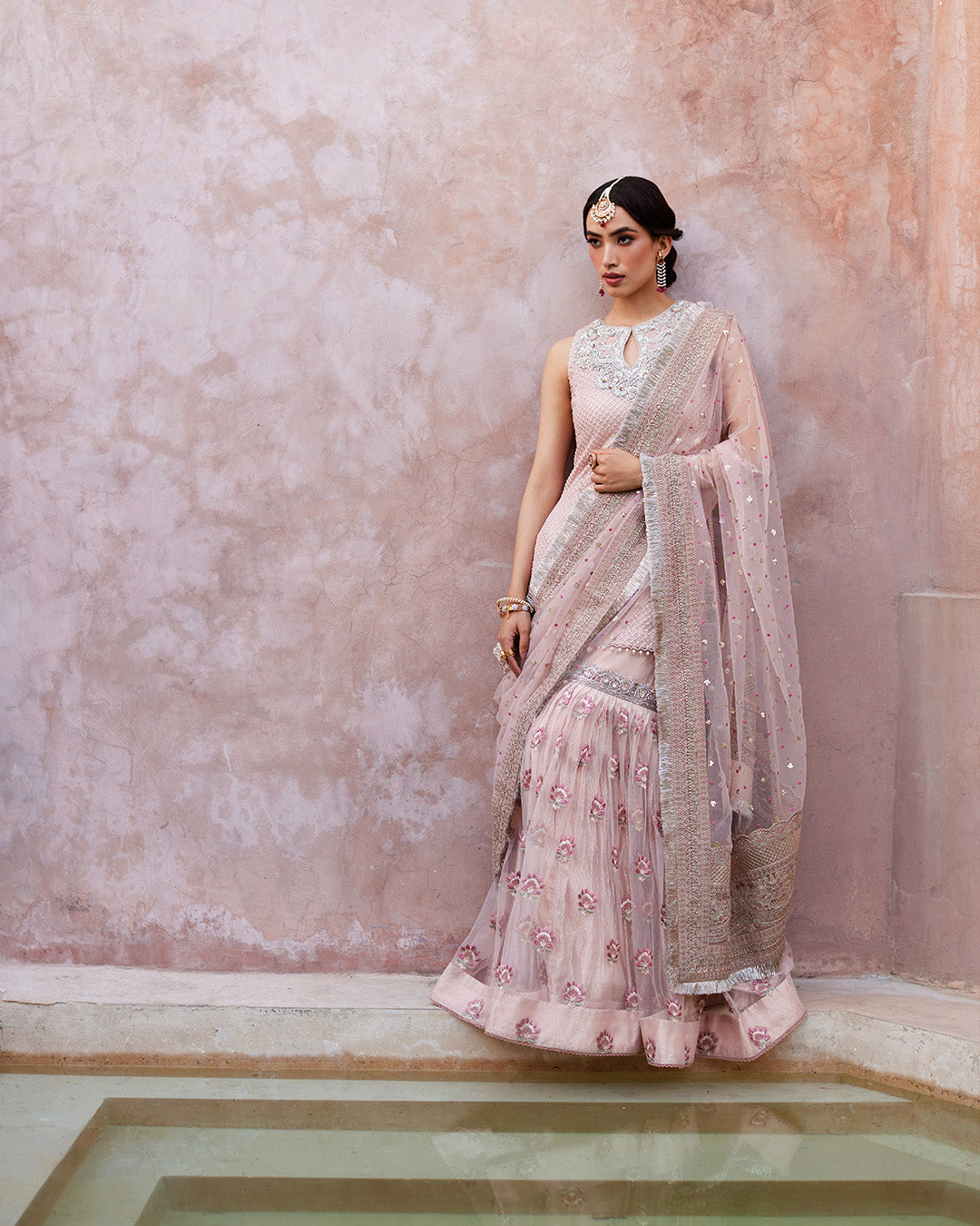 Model Wearing Faiza Saqlain Eilees Powder Pink Shirt with Gharara for wedding wear - Pakistani Designer Wear for Women in UK | Kifat