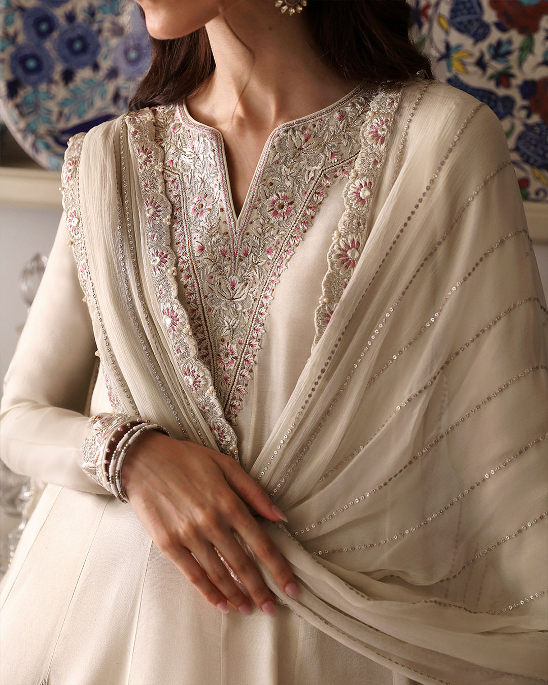 Model Wearing Faiza Saqlain Sabina Ivory Shirt with Culottes for formal events wear - Pakistani Designer Wear for Women in UK | Kifat