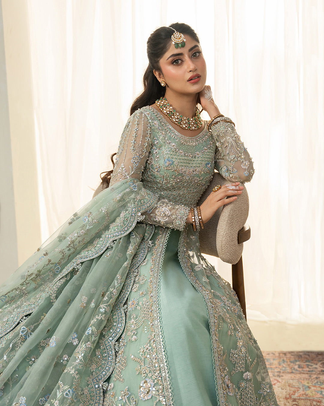 Model Wearing Faiza Saqlain Selin Mint Green Shirt with Lehnga for wedding wear - Pakistani Designer Wear for Women in UK | Kifat