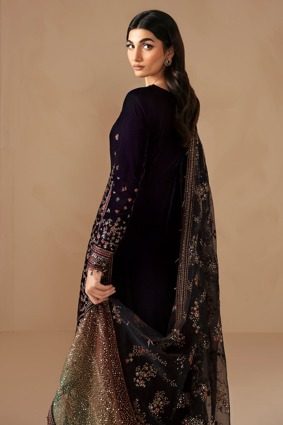 Women Wearing Embroidered Velvet Formal VF-2027 Purple Long Shirt with Sharara for Wedding Events - Pakistani Designer Wear for Women in UK | Kifat