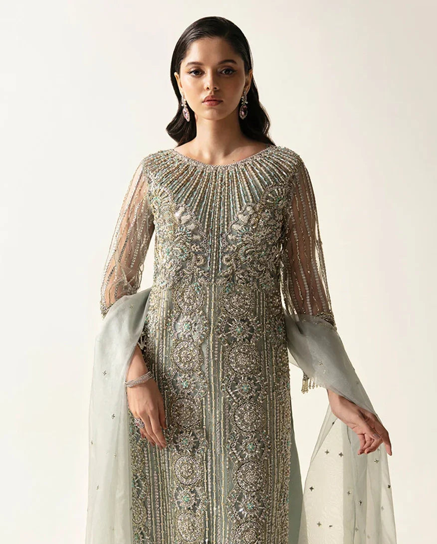 Women Wearing Meline Mint Green Long Shirt for Festive Events - Pakistani Designer Wear for Women in UK | Kifat