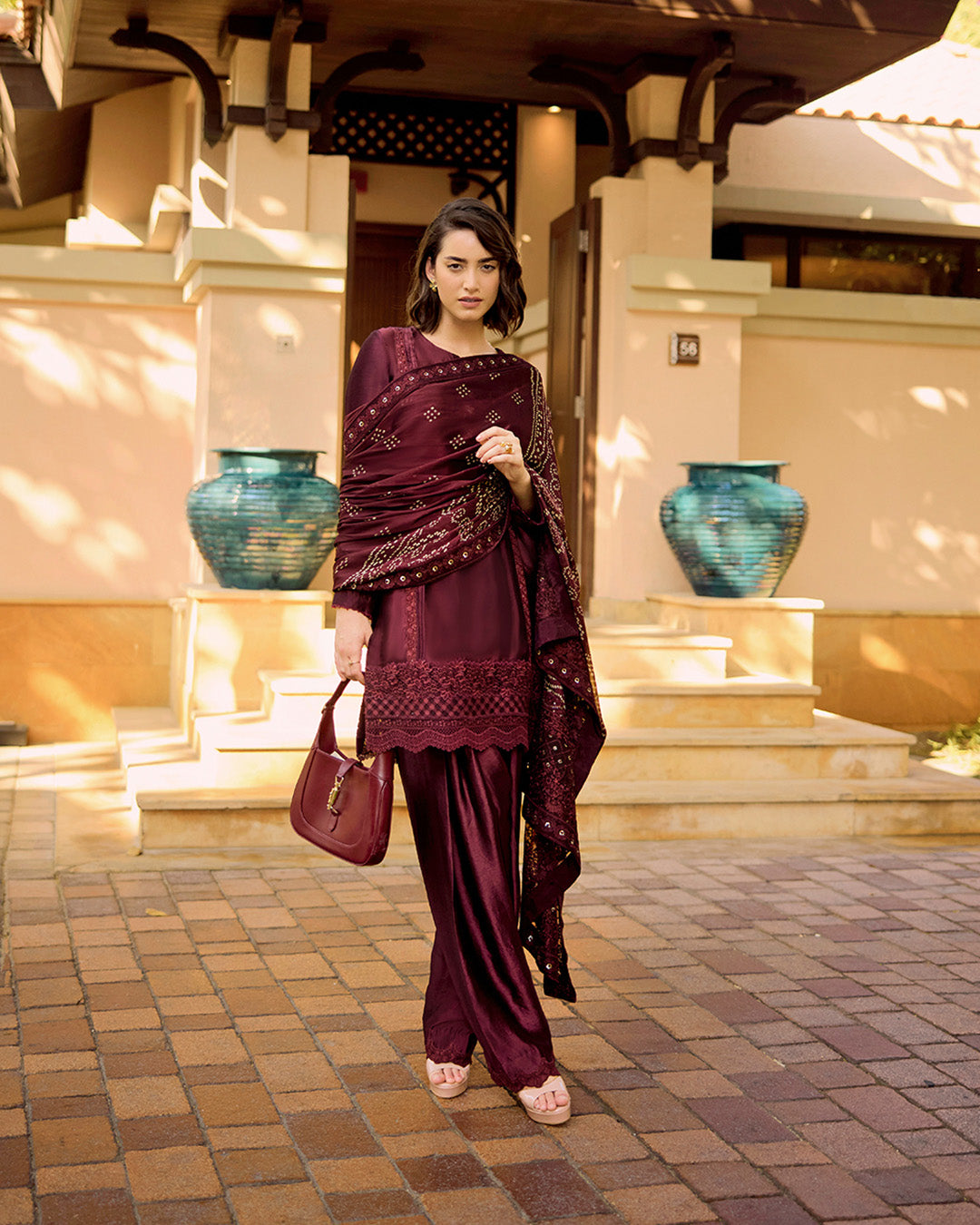 Model Wearing Faiza Saqlain Triana Dark Maroon Shirt with Shalwar for Ladies wear - Pakistani Designer Wear for Women in UK | Kifat