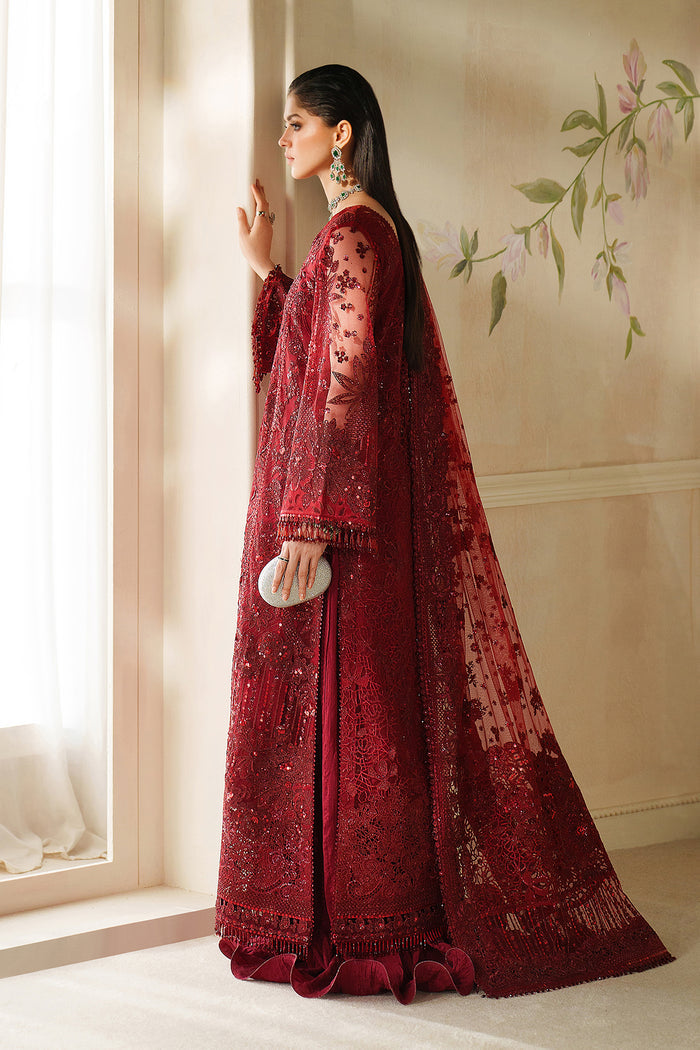 Baroque CH14-01 Maroon Sleek Long Shirt with Crushed Sharara,Front Open Gown with Sharara Pants for Wedding Wear - Pakistani Designer Wear for Women in UK | Kifat