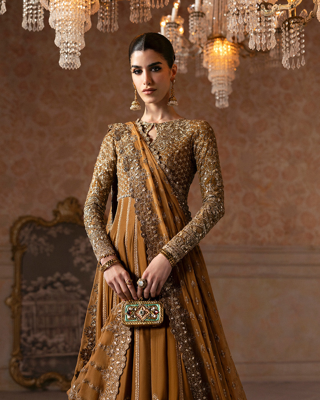 Model Wearing Faiza Saqlain Ermina Mustard Pishwas with Churidaar for wedding wear - Pakistani Designer Wear for Women in UK | Kifat