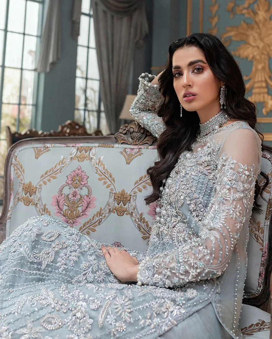 Women Wearing Adela (3 Piece) Ice Blue Long Shirt for Formal Events - Pakistani Designer Wear for Women in UK | Kifat