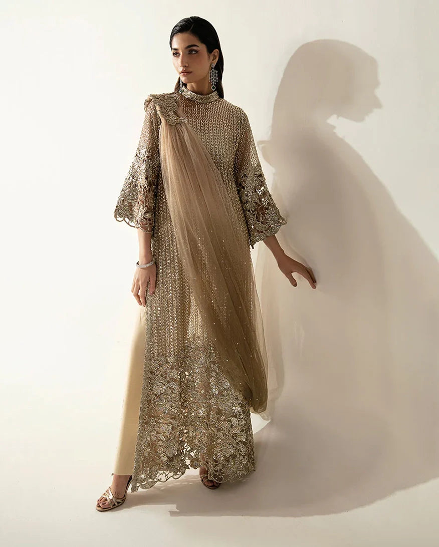 Women Wearing Eve Pale Gold Long Shirt for Festive Events - Pakistani Designer Wear for Women in UK | Kifat