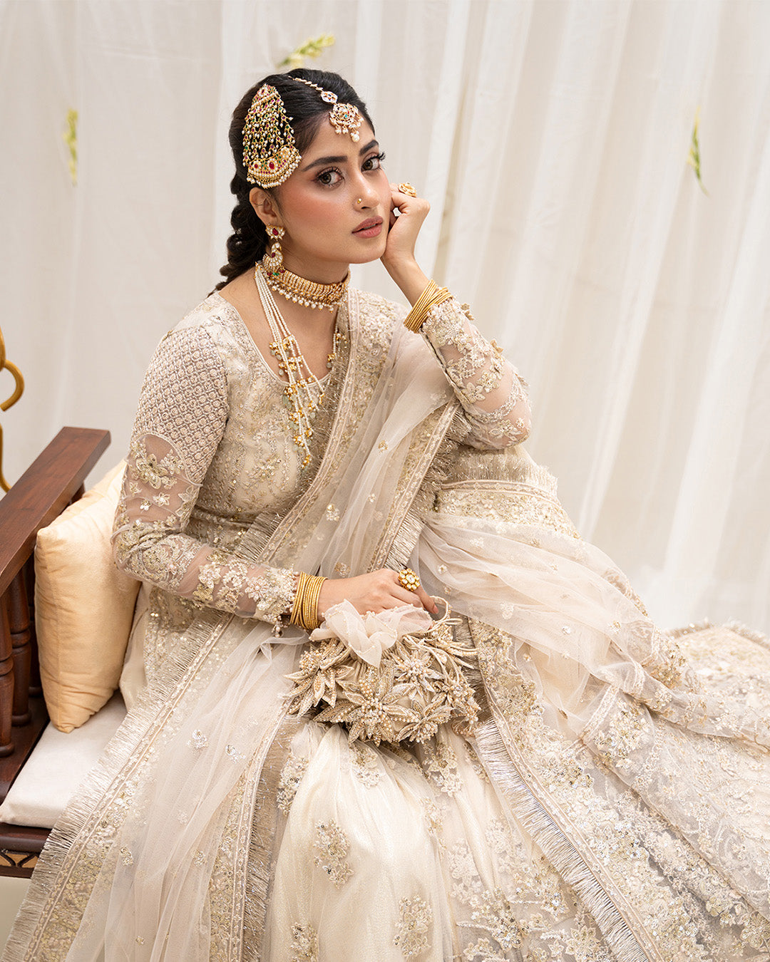 Model Wearing Faiza Saqlain Safak Ivory Shirt with Gharara for wedding wear - Pakistani Designer Wear for Women in UK | Kifat