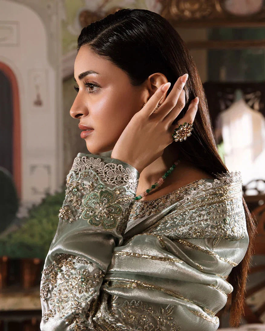 Women Wearing Heer Sea Green Silver Long Shirt for Formal Events - Pakistani Designer Wear for Women in UK | Kifat