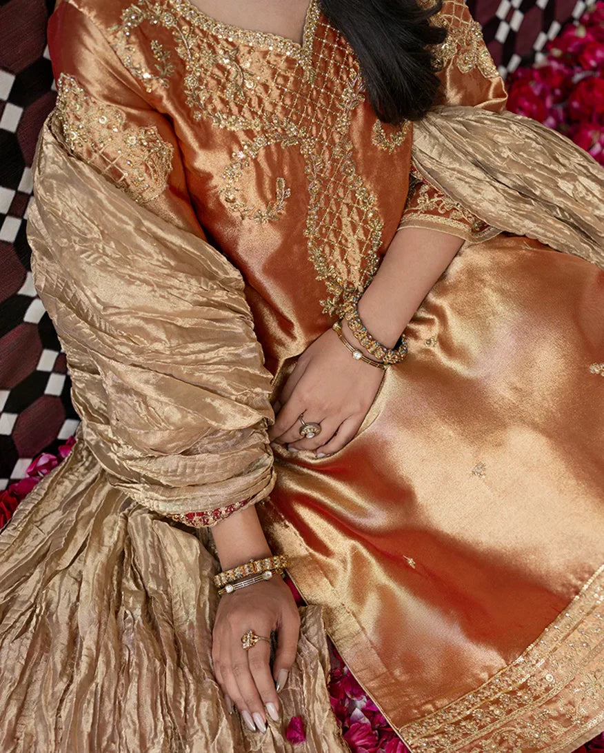 Women Wearing Gul Golden Long Shirt for Formal Events - Pakistani Designer Wear for Women in UK | Kifat