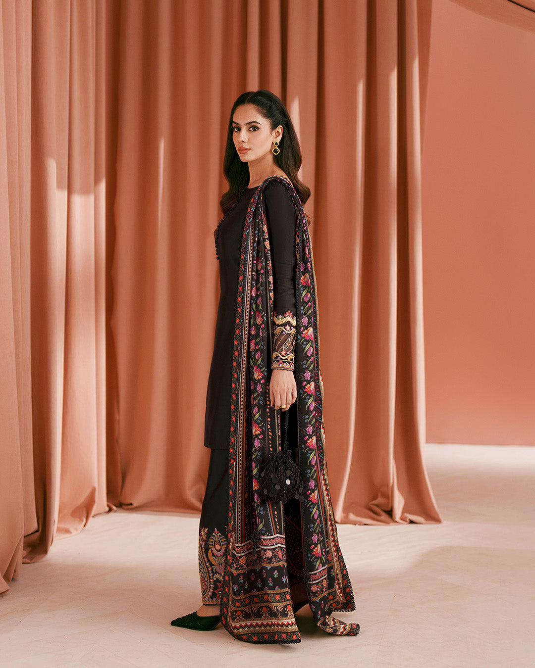 Women Wearing Lulia Black Shirt with Shalwar for Luxury Events - Pakistani Designer Wear for Women in UK | Kifat