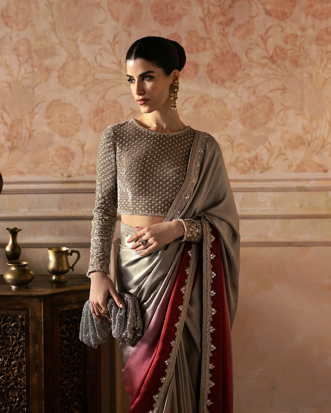 Model Wearing Faiza Saqlain Caryn Ombre Red Saree for wedding wear - Pakistani Designer Wear for Women in UK | Kifat