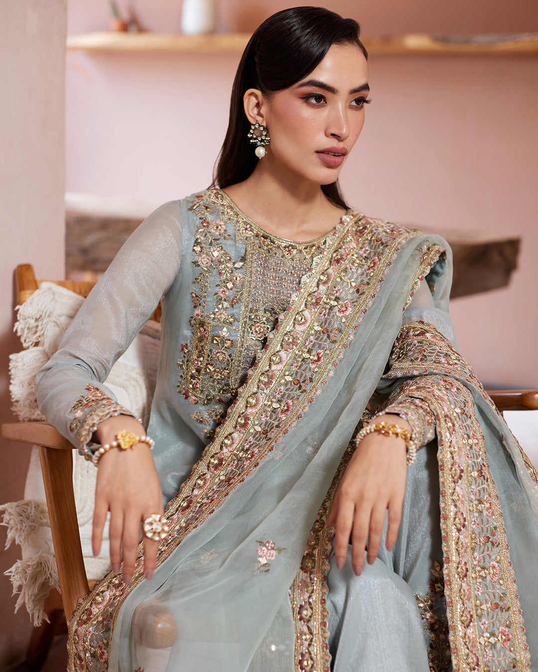 Model Wearing Faiza Saqlain Zaafia Ice Blue Shirt with Flared Pants for wedding wear - Pakistani Designer Wear for Women in UK | Kifat