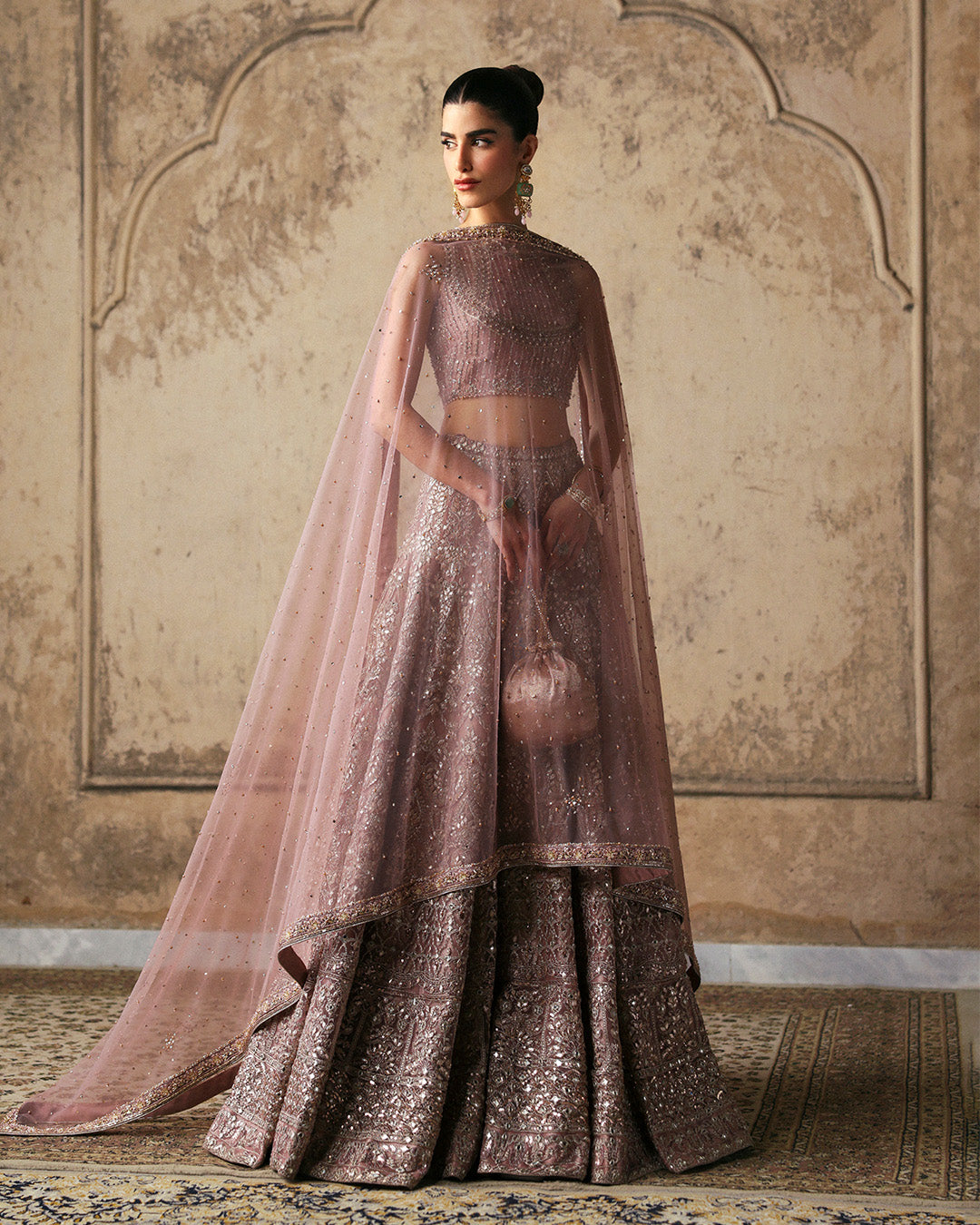 Model Wearing Faiza Saqlain Prenia Dusty Rose Lehnga Choli for wedding wear - Pakistani Designer Wear for Women in UK | Kifat