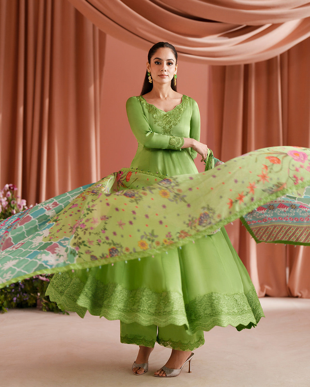 Women Wearing Gomana Pear Green Shirt with Culottes for Luxury Events - Pakistani Designer Wear for Women in UK | Kifat
