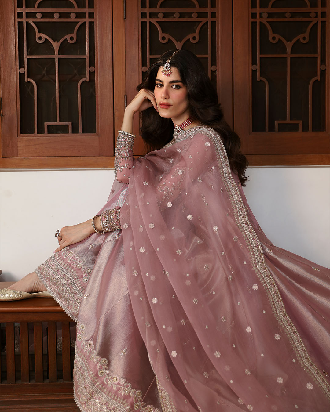 Model Wearing Faiza Saqlain Halina Seashell Pink Pishwas with Churidaar for wedding wear - Pakistani Designer Wear for Women in UK | Kifat