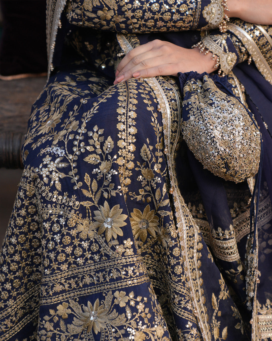 Model Wearing Faiza Saqlain Ayska Navy Blue Shirt with Sharara for formal events wear - Pakistani Designer Wear for Women in UK | Kifat