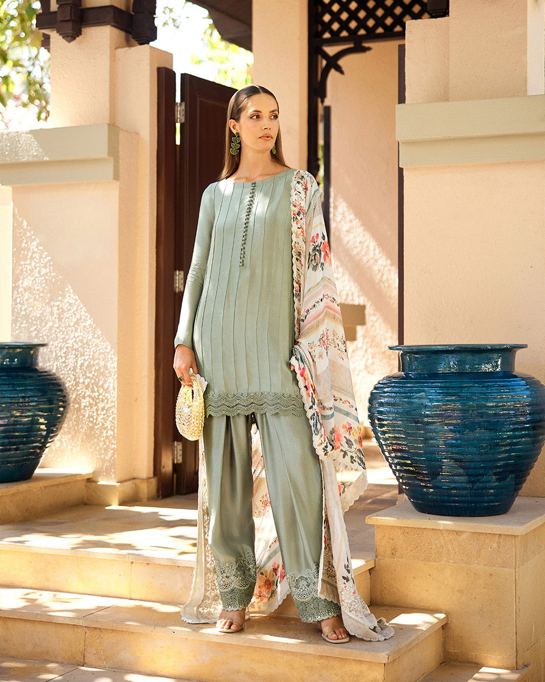 Model Wearing Faiza Saqlain Leia Pastel Blue Kalidaar with Culottes for Ladies wear - Pakistani Designer Wear for Women in UK | Kifat