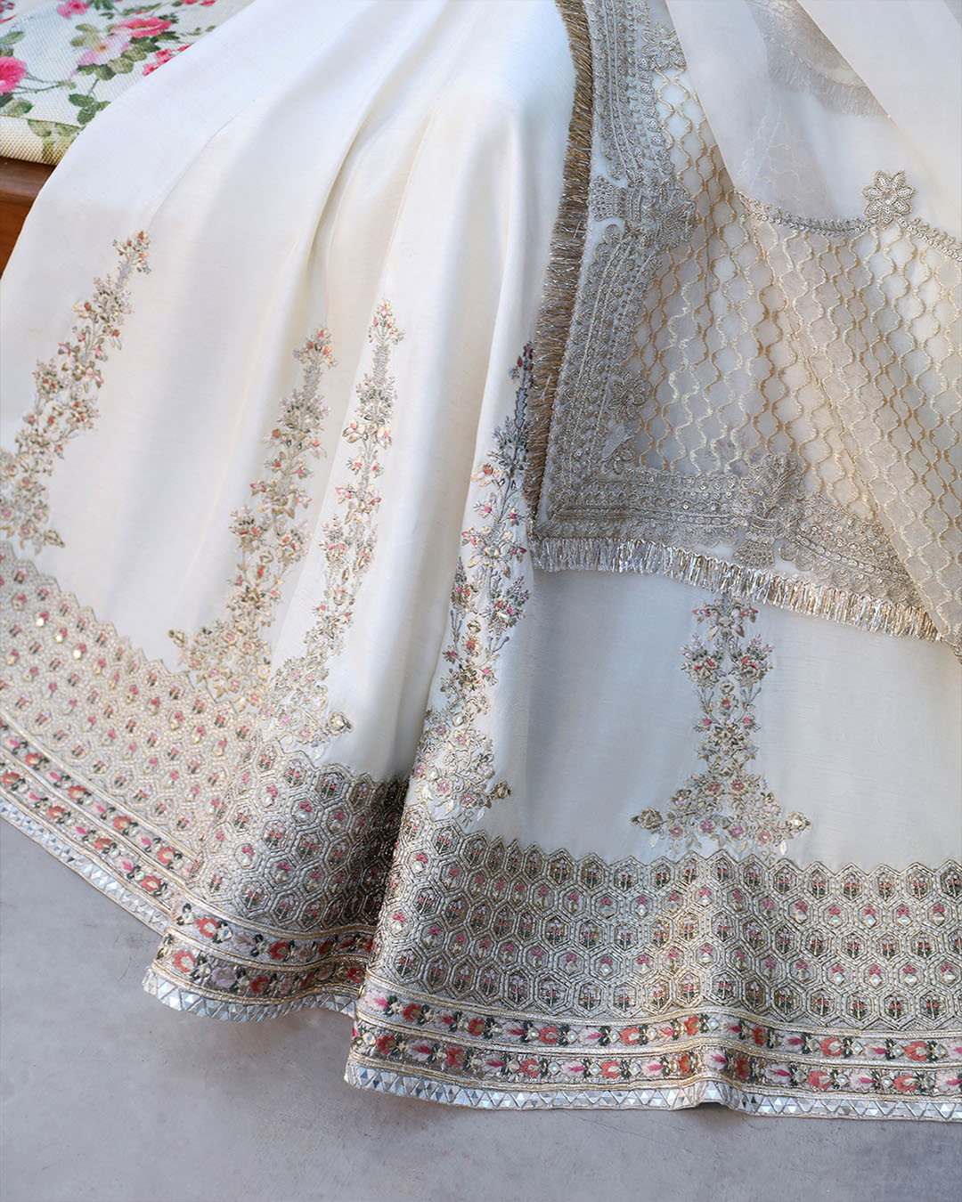Model Wearing Faiza Saqlain Ailia Off-White Pishwas for wedding wear - Pakistani Designer Wear for Women in UK | Kifat
