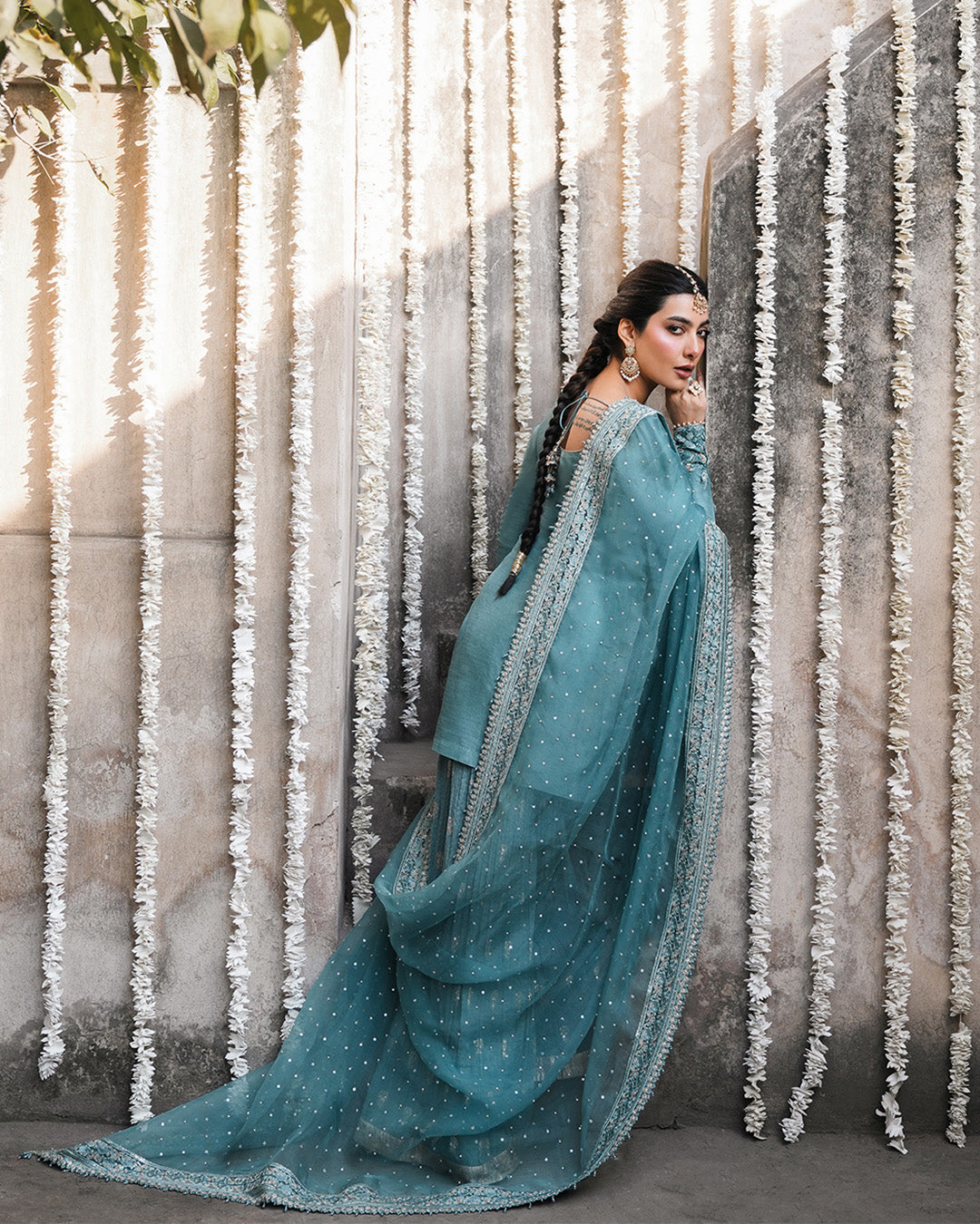 Model Wearing Faiza Saqlain Tisha Cadet Blue Shirt with Sharara for wedding wear - Pakistani Designer Wear for Women in UK | Kifat
