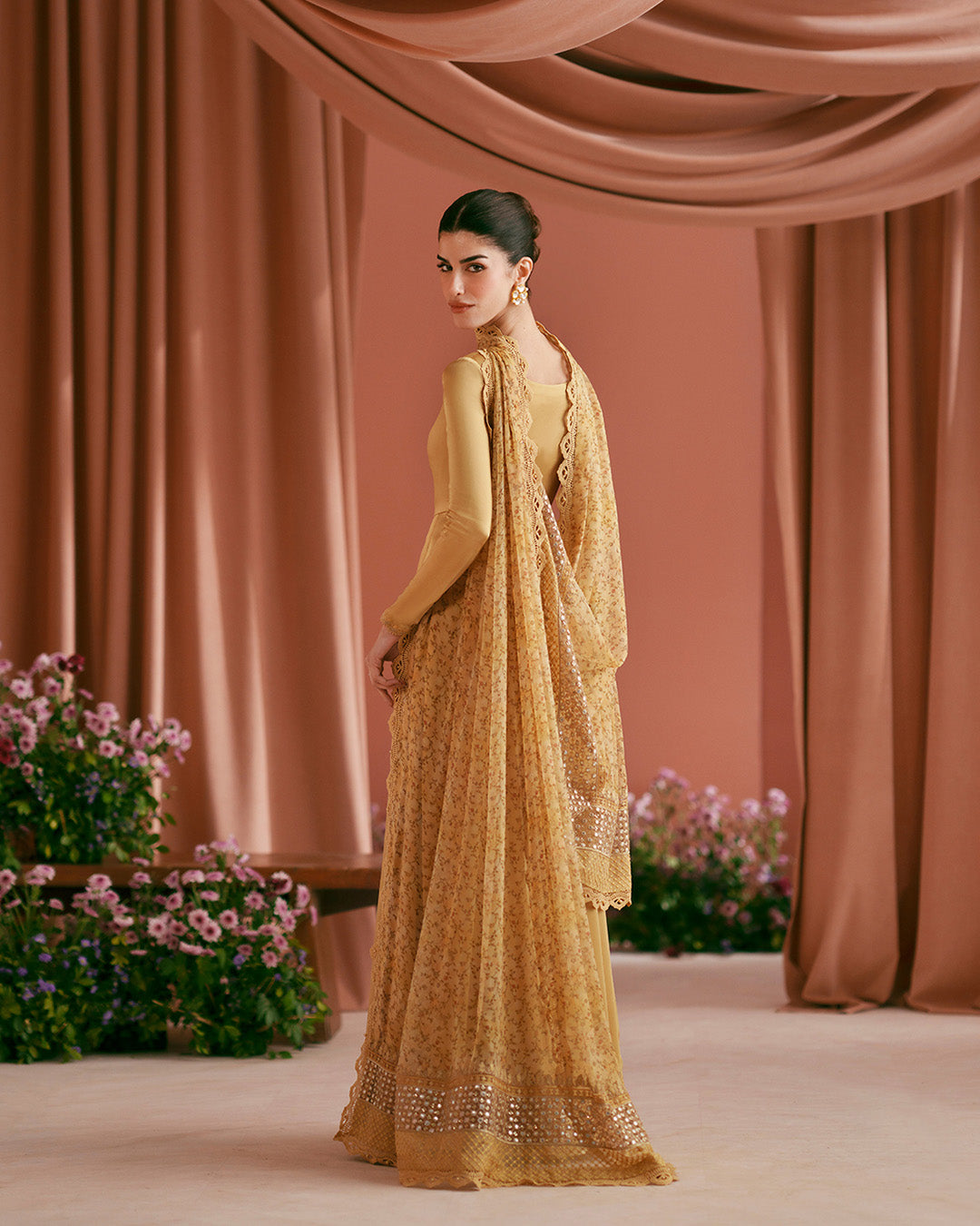 Women Wearing Alaa Mustard Pishwas for Luxury Events - Pakistani Designer Wear for Women in UK | Kifat