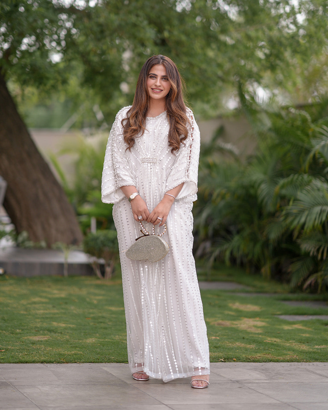 Model Wearing Faiza Saqlain Ariella White Kaftan for formal events wear - Pakistani Designer Wear for Women in UK | Kifat