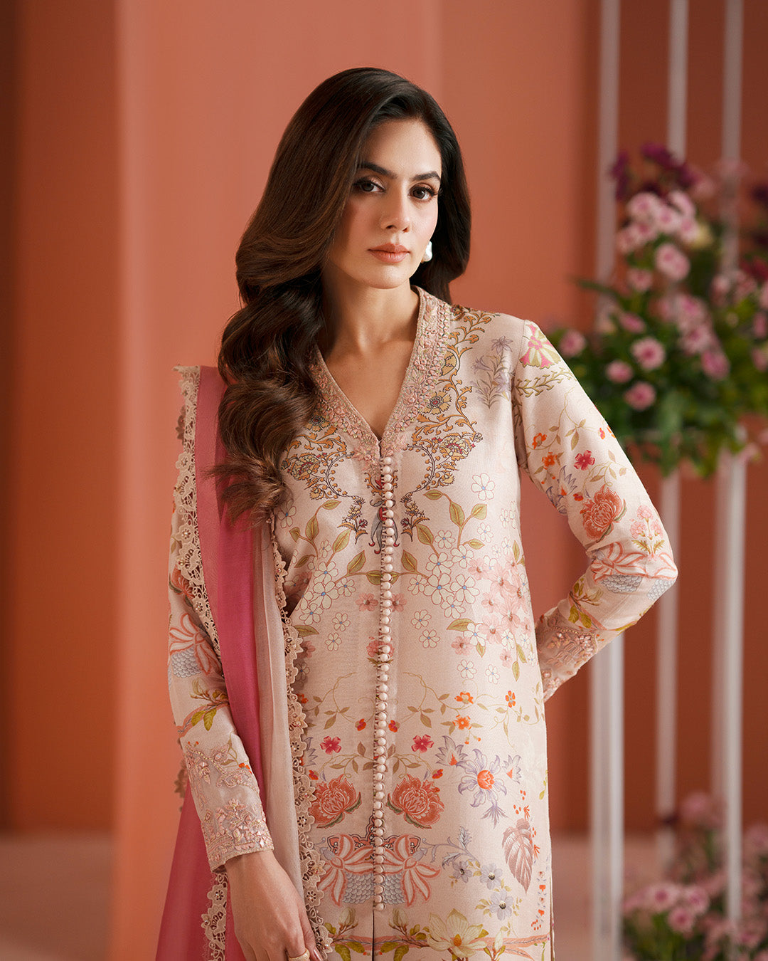 Women Wearing Nermin Nude Beige and Dusty Rose Shirt with Flared Pants for Luxury Events - Pakistani Designer Wear for Women in UK | Kifat