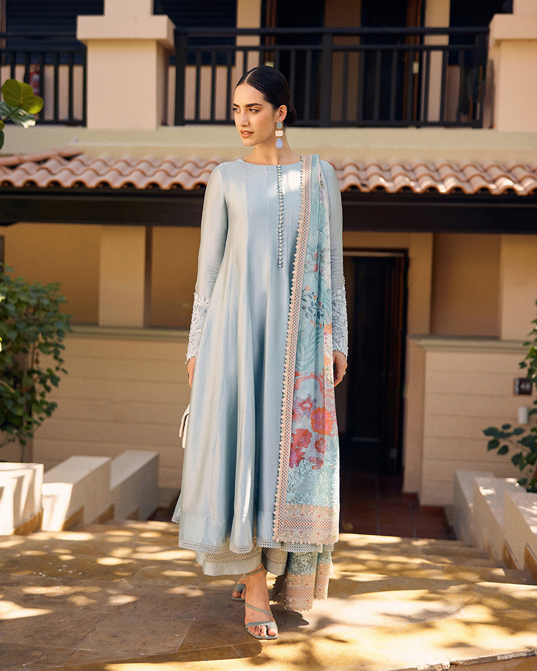 Model Wearing Faiza Saqlain Leia Pastel Blue Kalidaar with Culottes for Ladies wear - Pakistani Designer Wear for Women in UK | Kifat