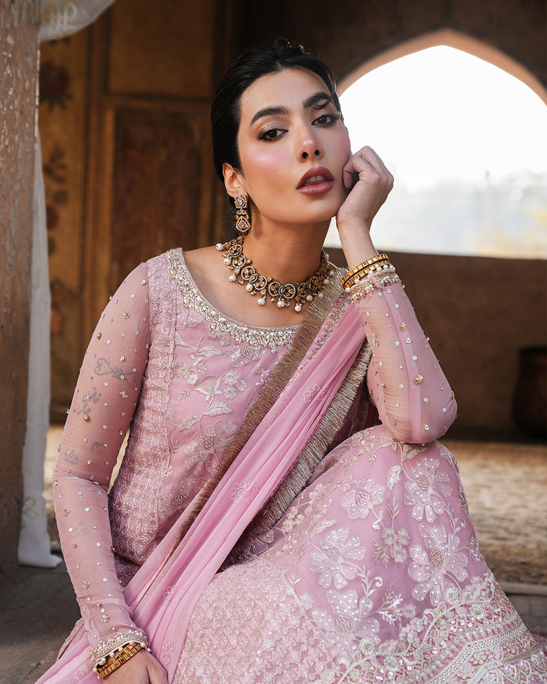 Model Wearing Faiza Saqlain Vemita Candy Floss Shirt with Sharara for wedding wear - Pakistani Designer Wear for Women in UK | Kifat