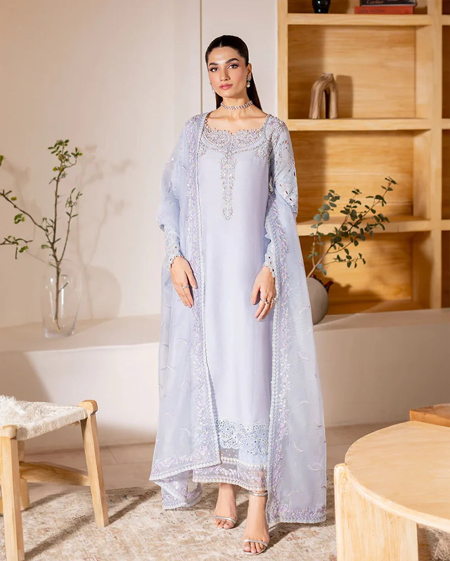 Women Wearing Verve Ice Blue Long Shirt for Luxury Events - Pakistani Designer Wear for Women in UK | Kifat