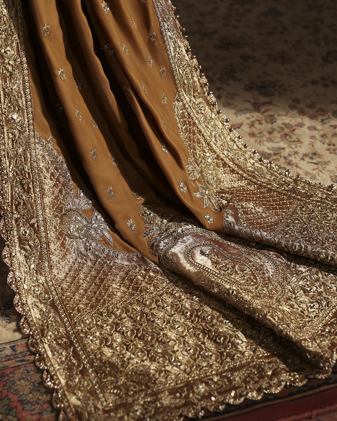 Model Wearing Faiza Saqlain Reit Mustard Gold Hue Shirt with Trouser for wedding wear - Pakistani Designer Wear for Women in UK | Kifat