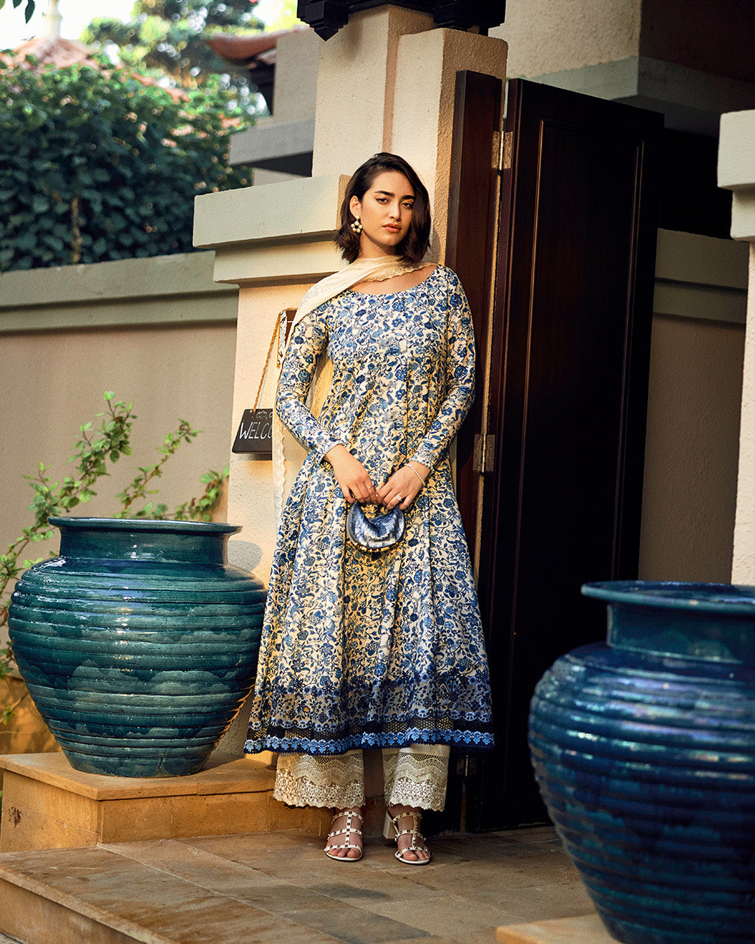Model Wearing Faiza Saqlain Terylin Off-White & Blue Kalidaar with Culottes for Ladies wear - Pakistani Designer Wear for Women in UK | Kifat