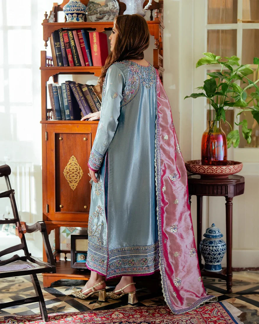 Women Wearing Neelam Blue Long Shirt for Formal Events - Pakistani Designer Wear for Women in UK | Kifat