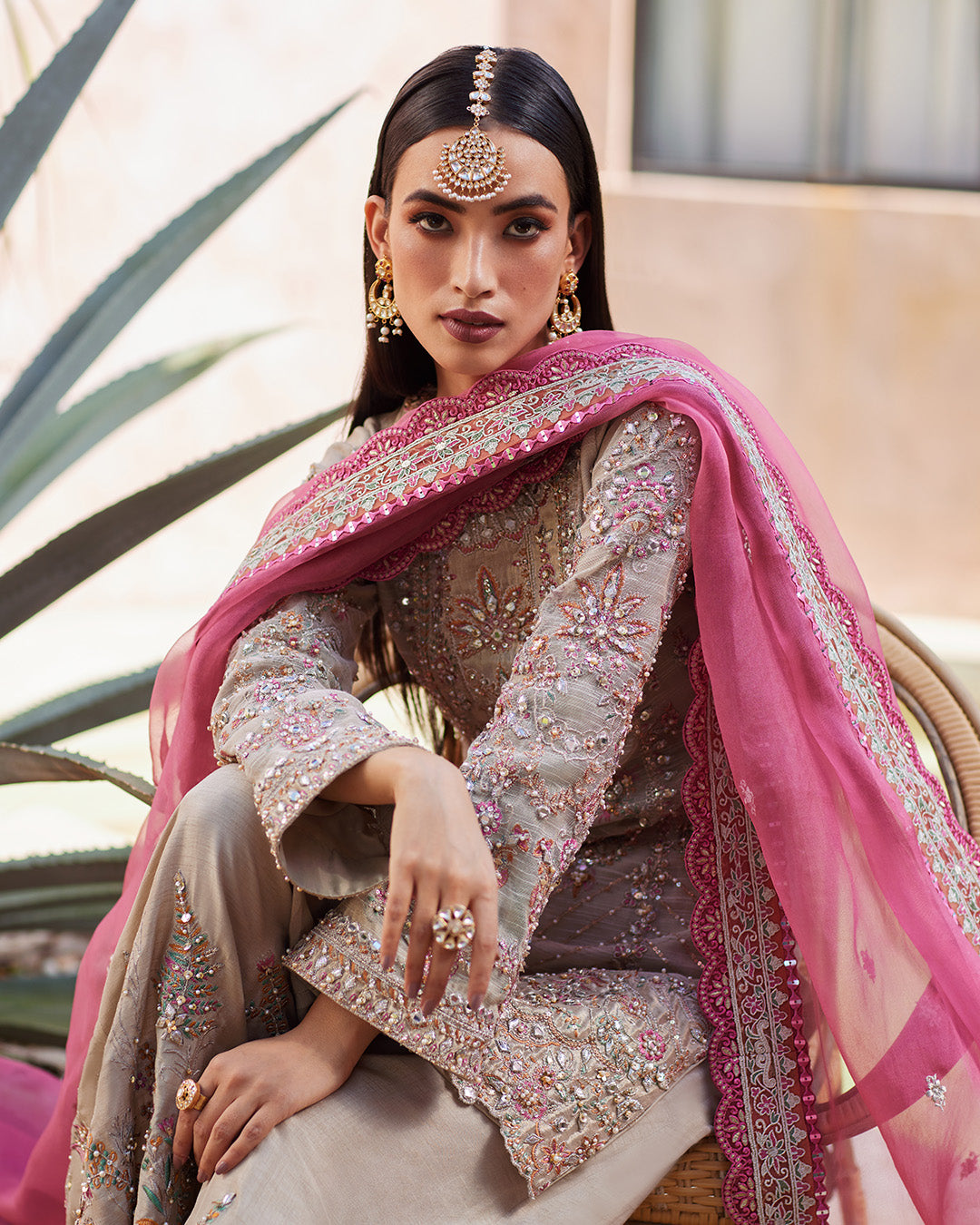 Model Wearing Faiza Saqlain Rosaline Pink & Grey Shirt with Flared Pants for wedding wear - Pakistani Designer Wear for Women in UK | Kifat