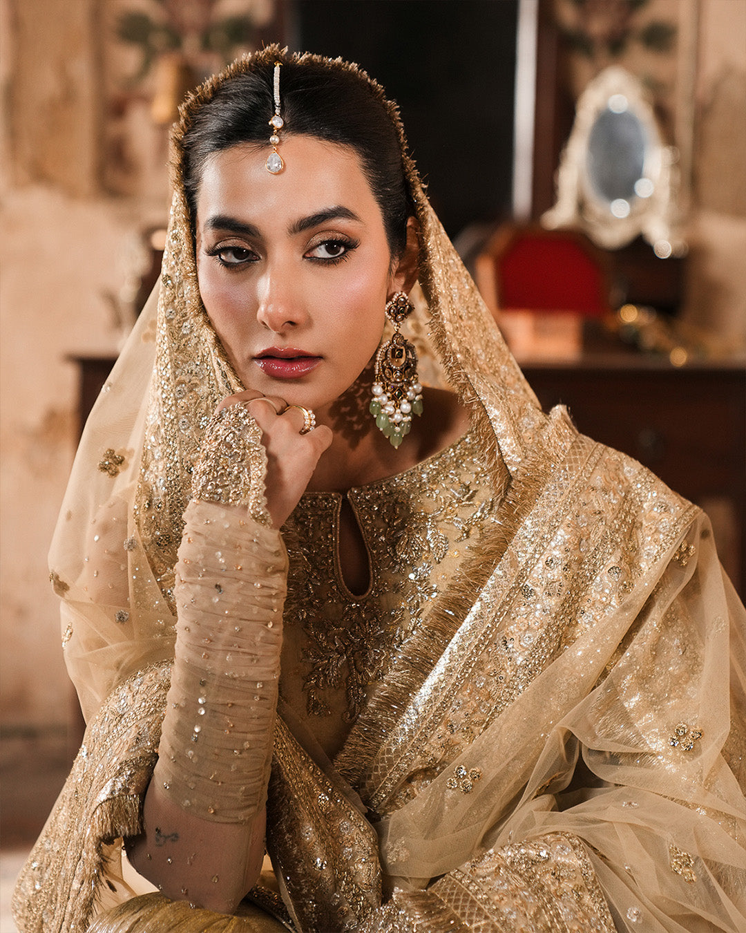 Model Wearing Faiza Saqlain Camillie Gold Shirt with Gharara for wedding wear - Pakistani Designer Wear for Women in UK | Kifat