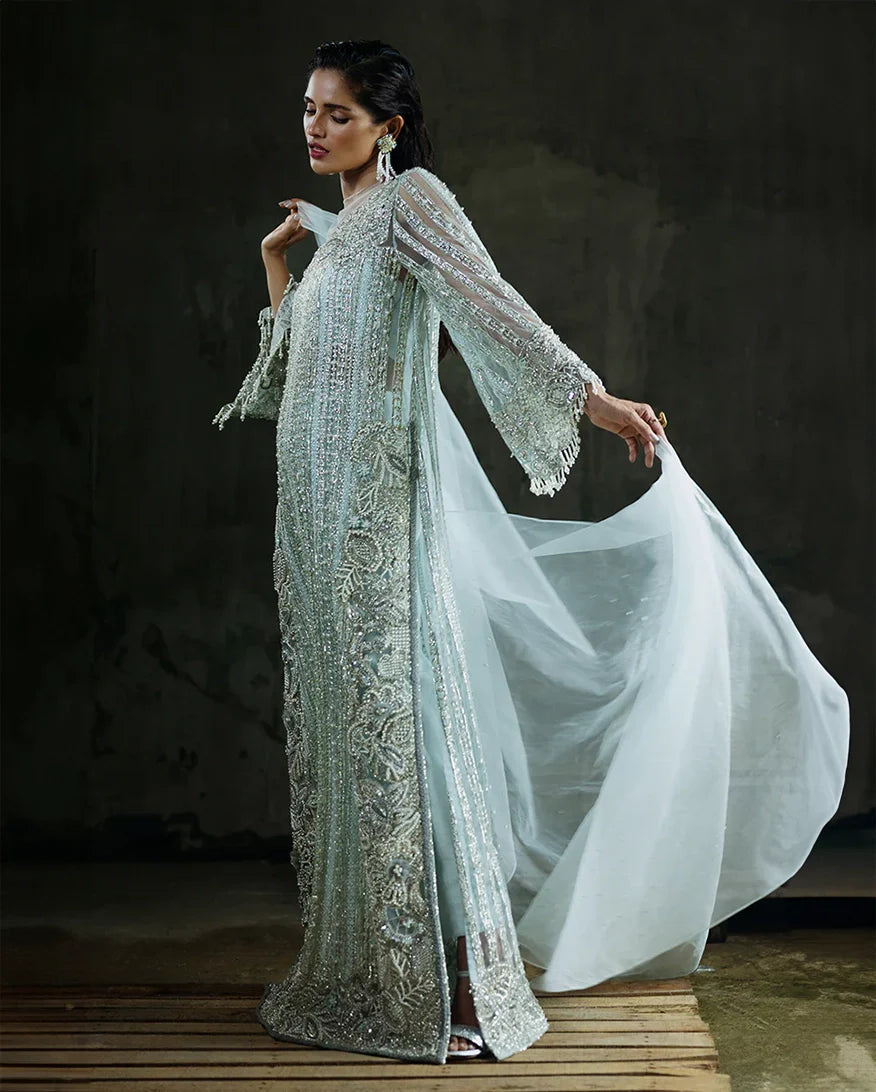 Women Wearing Cardamine Aqua Long Shirt for Wedding Events - Pakistani Designer Wear for Women in UK | Kifat