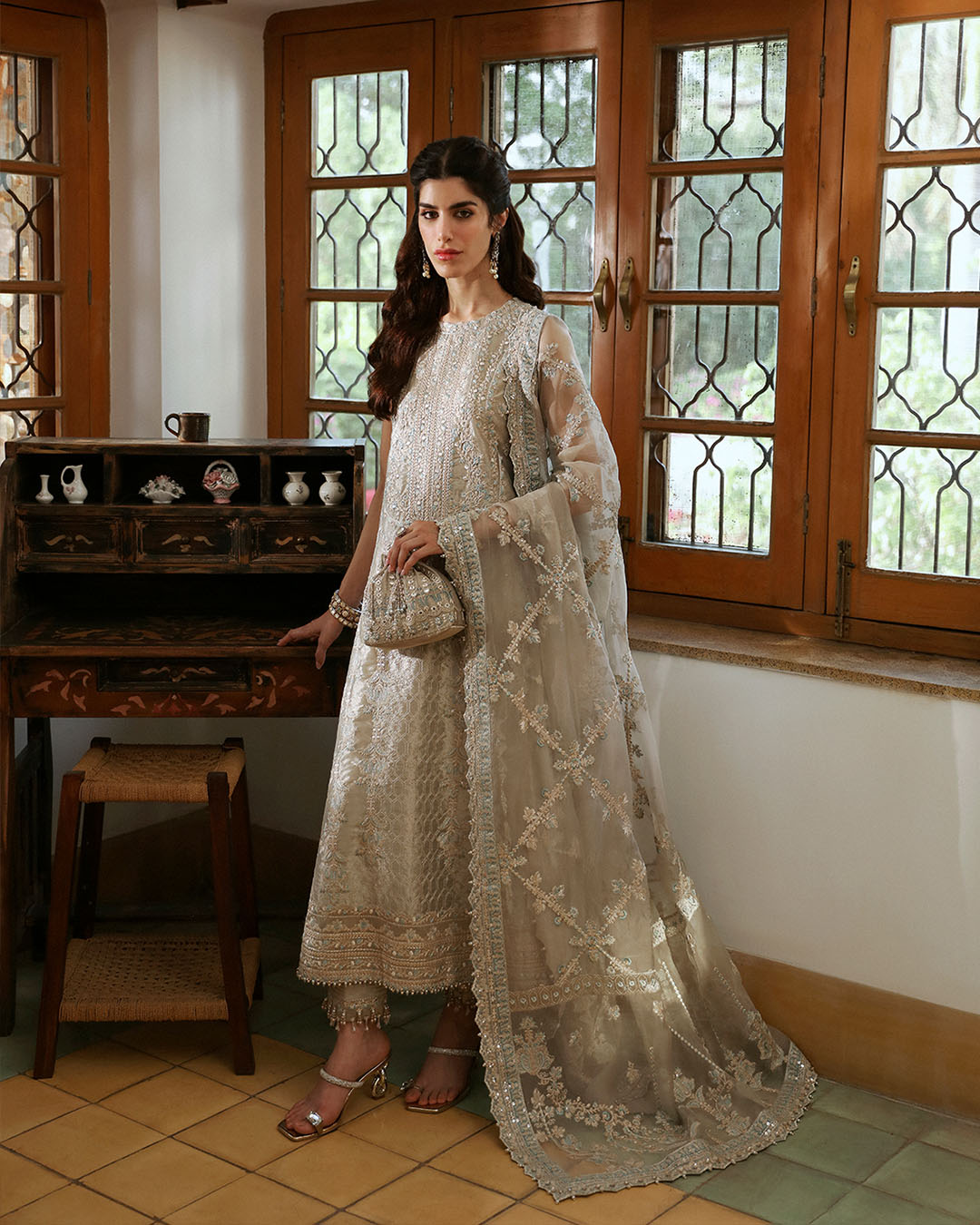 Model Wearing Faiza Saqlain Damaris Light Stone Gray Shirt with Trouser for formal events wear - Pakistani Designer Wear for Women in UK | Kifat