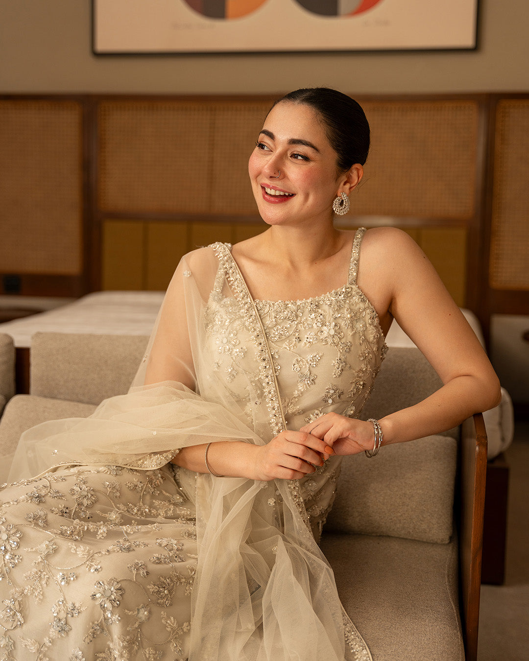Model wearing Faiza Saqlain Penina Off-White Shirt with Culottes for Ladies wear - Pakistani Designer Wear for Women in UK | Kifat