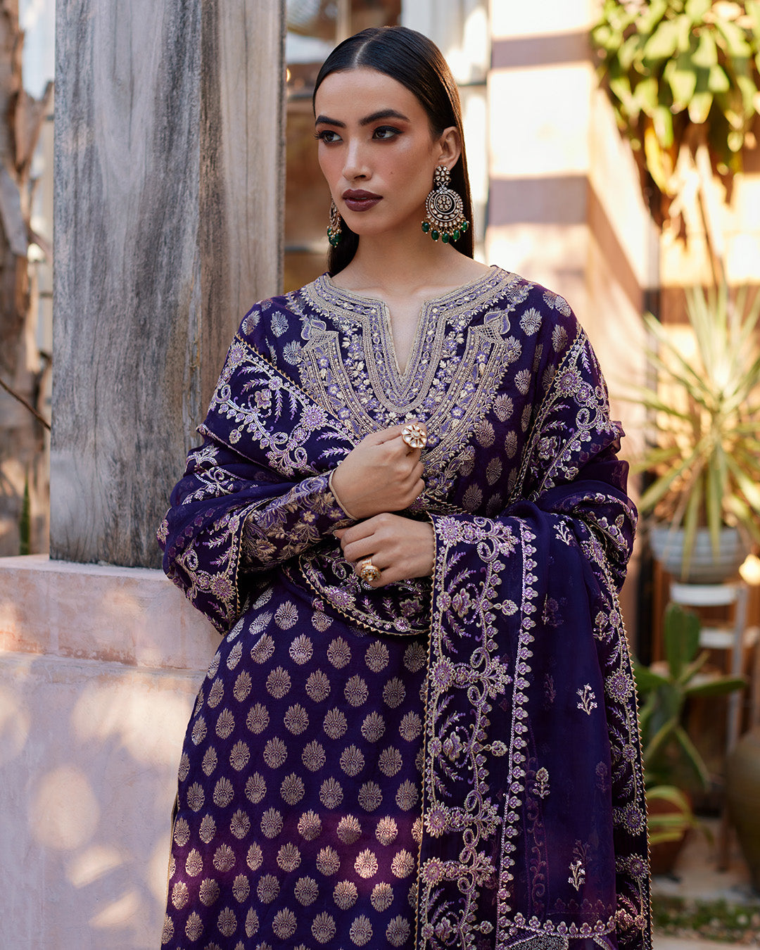 Model Wearing Faiza Saqlain Clara Plum Shirt Trouser for formal events wear - Pakistani Designer Wear for Women in UK | Kifat