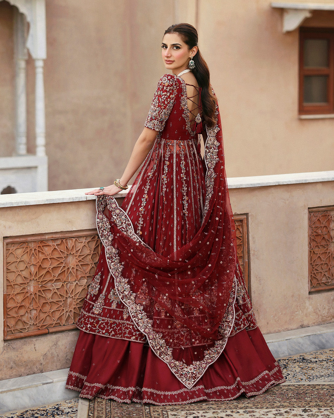 Model Wearing Faiza Saqlain Zelia Red Kalidaar for wedding wear - Pakistani Designer Wear for Women in UK | Kifat