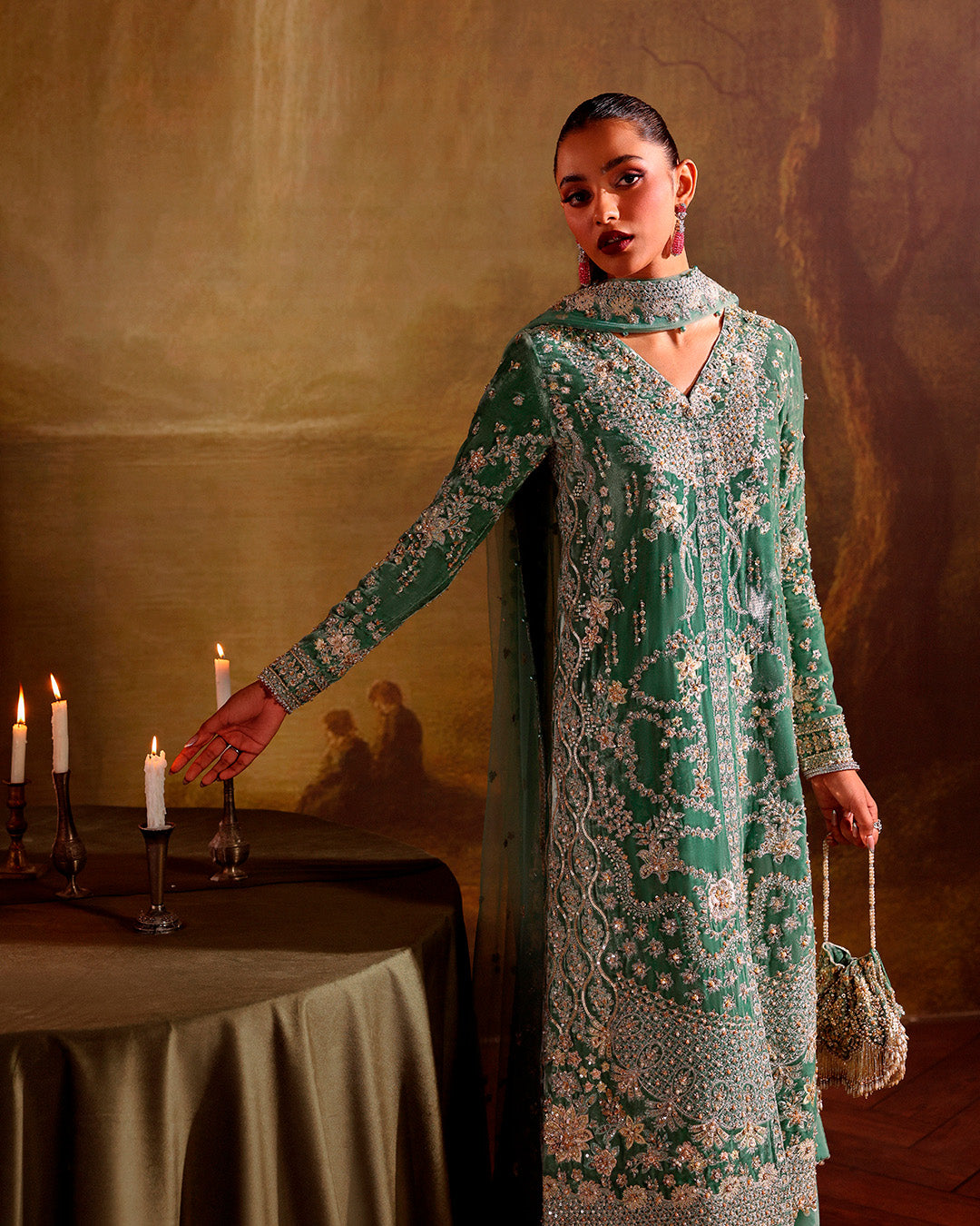 Model Wearing Faiza Saqlain Lexine Dusty Jade Shirt with Trouser for wedding wear - Pakistani Designer Wear for Women in UK | Kifat