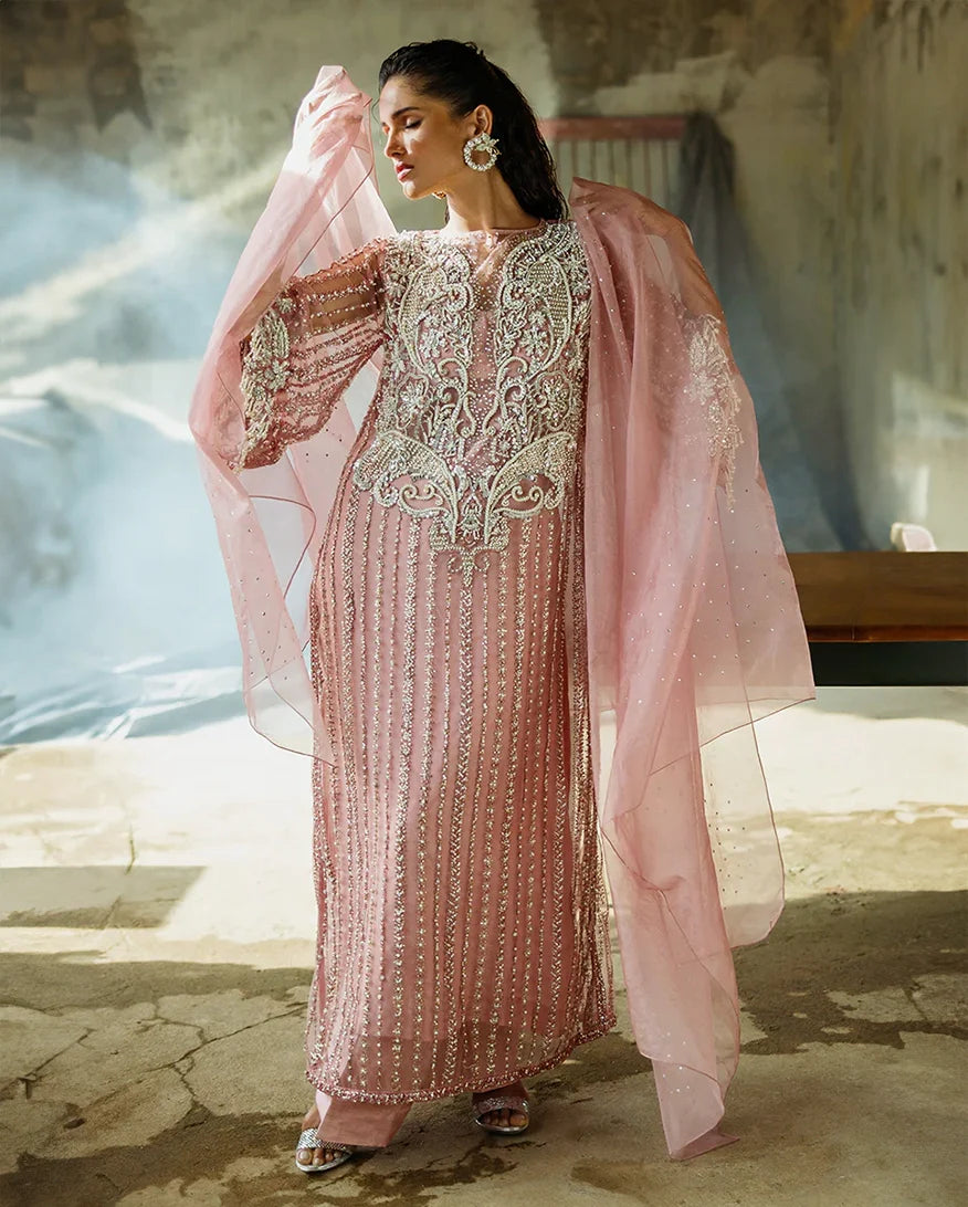 Women Wearing Lys Powder Pink Long Shirt for Wedding Events - Pakistani Designer Wear for Women in UK | Kifat