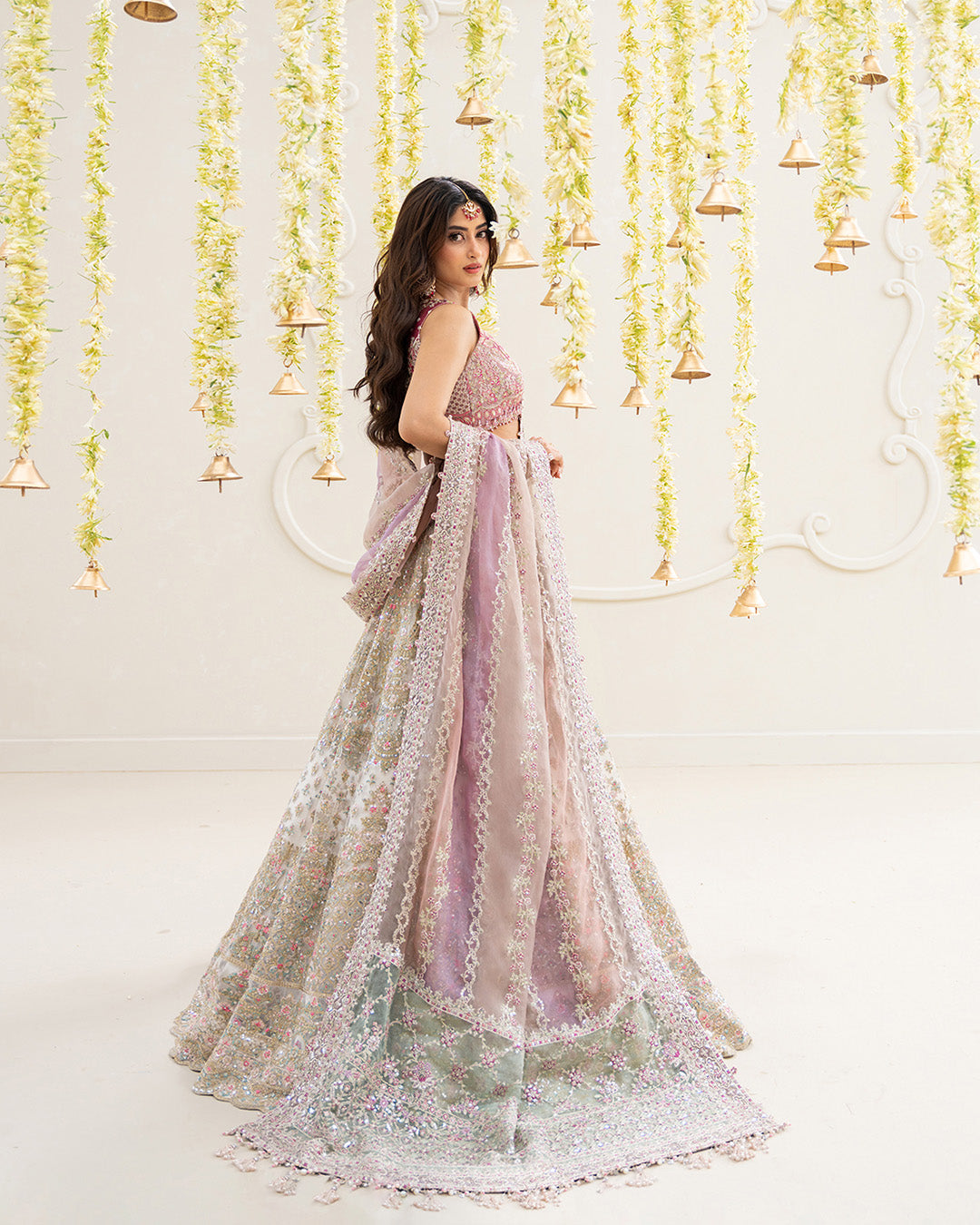 Model Wearing Faiza Saqlain Suzan Multicolor Blouse with Lehnga for wedding wear - Pakistani Designer Wear for Women in UK | Kifat