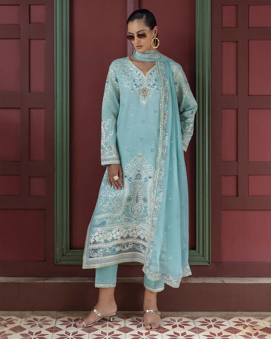 Women Wearing Freyelle Light Blue Long Shirt for Festive Events - Pakistani Designer Wear for Women in UK | Kifat